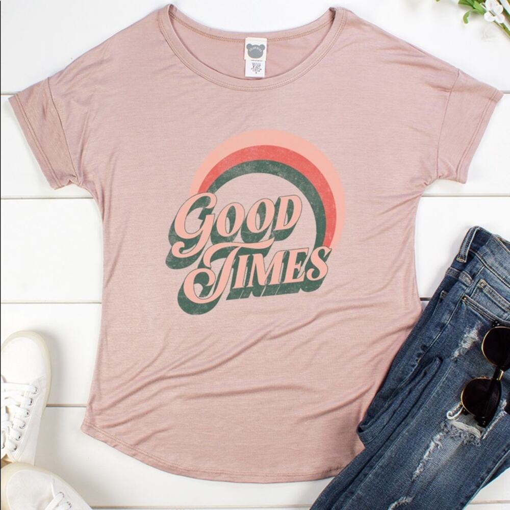 Rainbow Graphic Top 70's Boho Vibe Good Times Tee Shirt Taupe Blush Size Medium - Picture 1 of 6